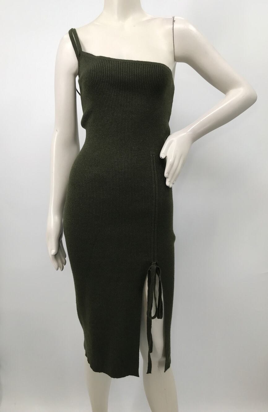 Cider Green Rib Knit One Shoulder Sleeveless Sweater Dress 1XL Bodycon Stretch